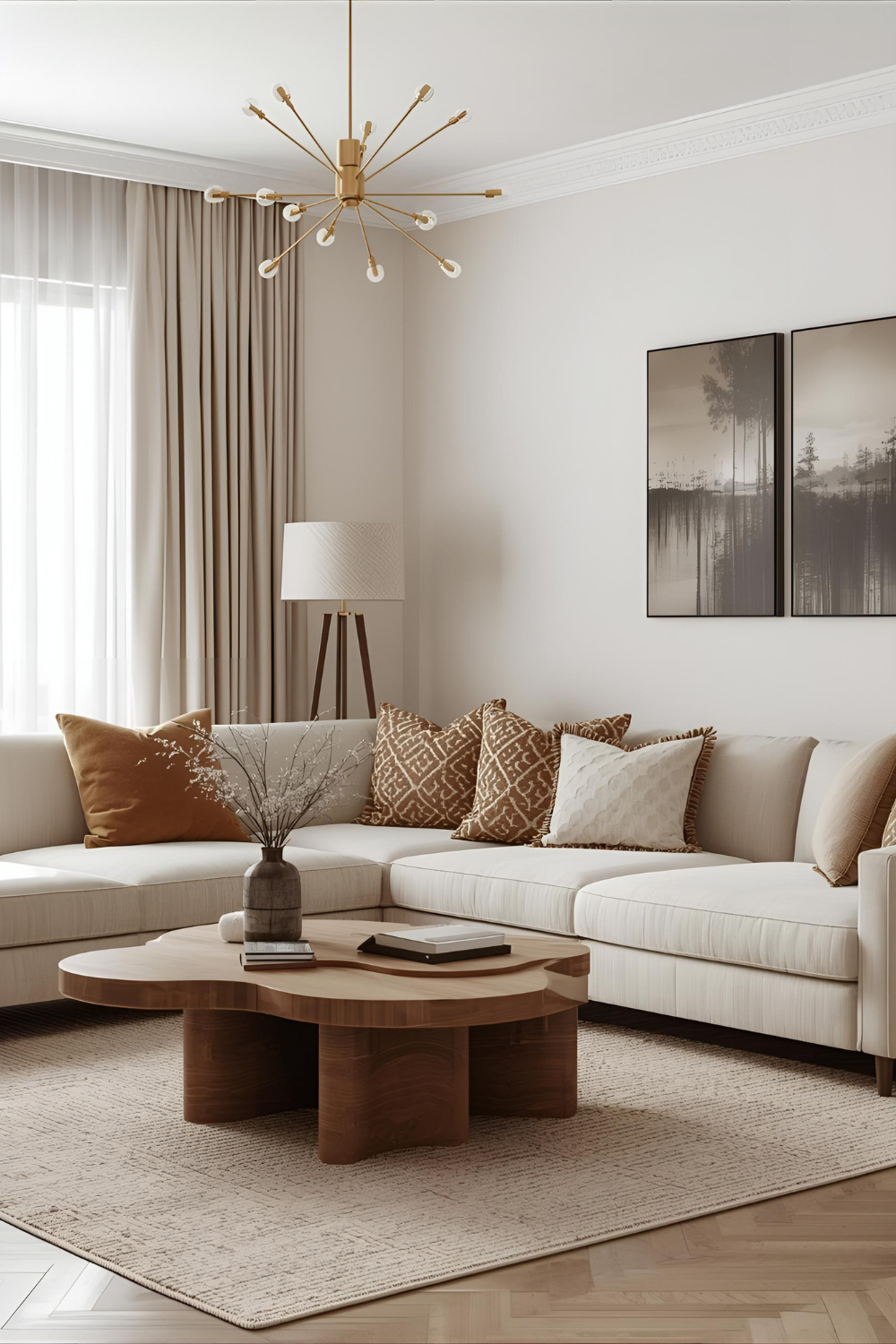 Elegant Scandinavian living room featuring a beige sofa, gold sputnik chandelier, 
      and asymmetrical coffee table. Art prints and beige curtains complete the stylish, minimalist Nordic design.